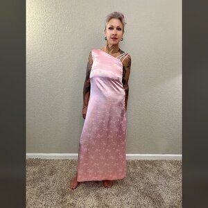 60s Pink Satin Asian Asymmetrical Dress Mod MCM Formal Maxi Spring Floral S